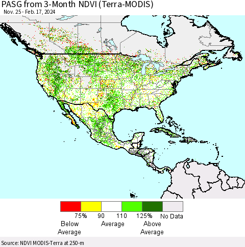 North America PASG from 3-Month NDVI (Terra-MODIS) Thematic Map For 2/10/2024 - 2/17/2024