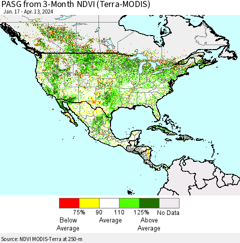 North America PASG from 3-Month NDVI (Terra-MODIS) Thematic Map For 4/6/2024 - 4/13/2024