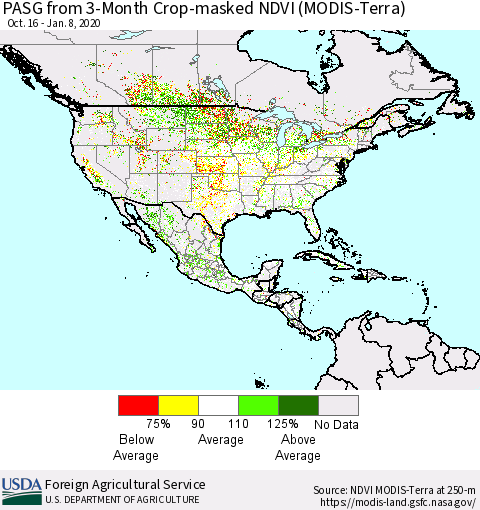 North America PASG from 3-Month Cropland NDVI (Terra-MODIS) Thematic Map For 1/1/2020 - 1/10/2020