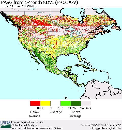 North America PASG from 1-Month NDVI (PROBA-V) Thematic Map For 1/1/2020 - 1/10/2020