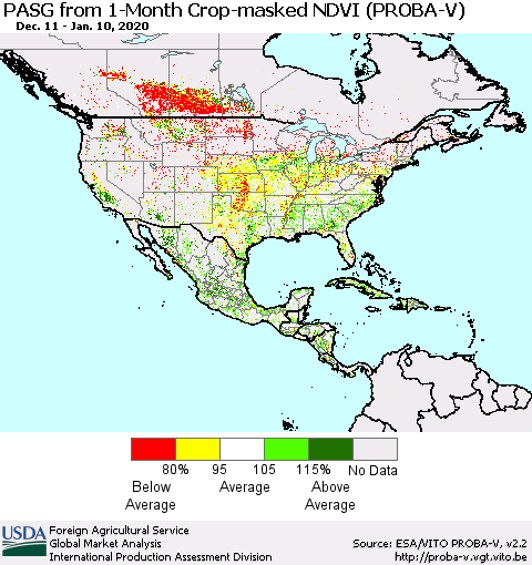 North America PASG from 1-Month Crop-masked NDVI (PROBA-V) Thematic Map For 1/1/2020 - 1/10/2020