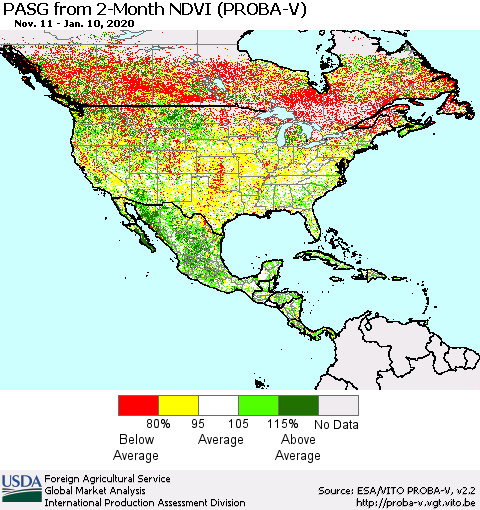 North America PASG from 2-Month NDVI (PROBA-V) Thematic Map For 1/1/2020 - 1/10/2020