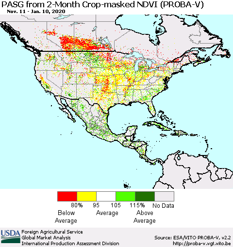 North America PASG from 2-Month Crop-masked NDVI (PROBA-V) Thematic Map For 1/1/2020 - 1/10/2020