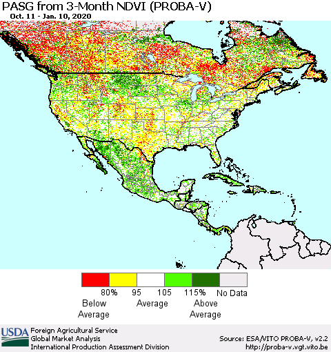 North America PASG from 3-Month NDVI (PROBA-V) Thematic Map For 1/1/2020 - 1/10/2020
