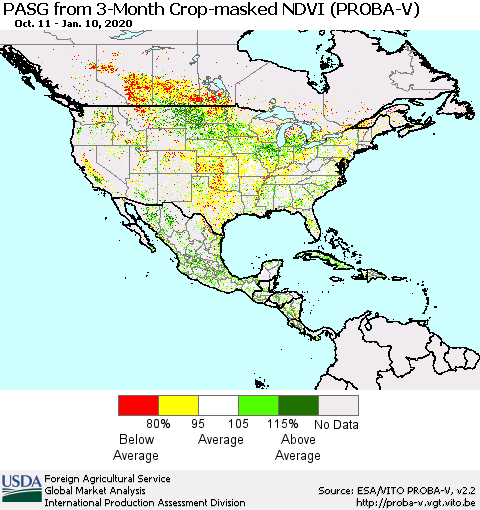 North America PASG from 3-Month Crop-masked NDVI (PROBA-V) Thematic Map For 1/1/2020 - 1/10/2020