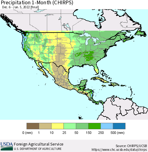 North America Precipitation 1-Month (CHIRPS) Thematic Map For 12/6/2021 - 1/5/2022