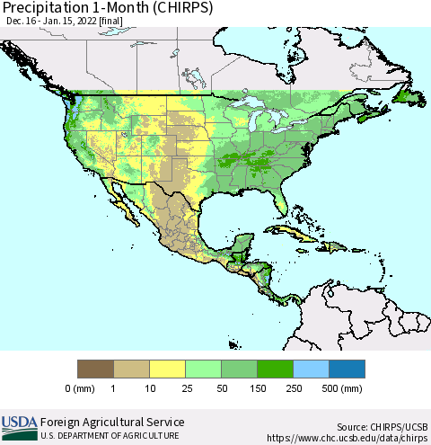 North America Precipitation 1-Month (CHIRPS) Thematic Map For 12/16/2021 - 1/15/2022