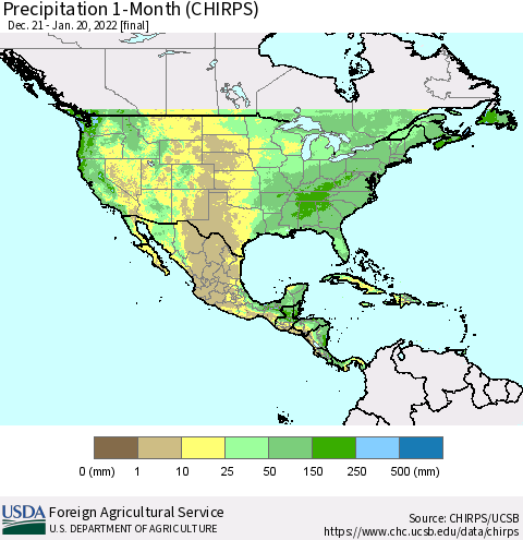 North America Precipitation 1-Month (CHIRPS) Thematic Map For 12/21/2021 - 1/20/2022