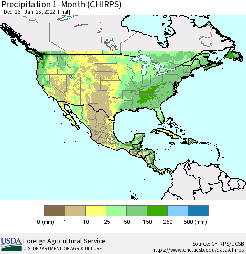 North America Precipitation 1-Month (CHIRPS) Thematic Map For 12/26/2021 - 1/25/2022