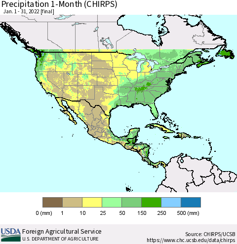 North America Precipitation 1-Month (CHIRPS) Thematic Map For 1/1/2022 - 1/31/2022