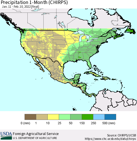 North America Precipitation 1-Month (CHIRPS) Thematic Map For 1/11/2022 - 2/10/2022