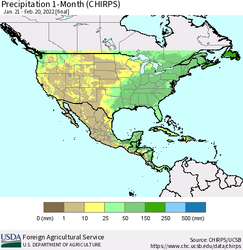 North America Precipitation 1-Month (CHIRPS) Thematic Map For 1/21/2022 - 2/20/2022