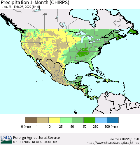 North America Precipitation 1-Month (CHIRPS) Thematic Map For 1/26/2022 - 2/25/2022