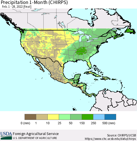 North America Precipitation 1-Month (CHIRPS) Thematic Map For 2/1/2022 - 2/28/2022