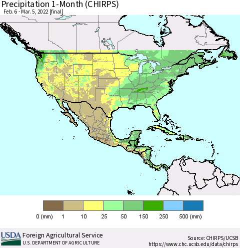 North America Precipitation 1-Month (CHIRPS) Thematic Map For 2/6/2022 - 3/5/2022