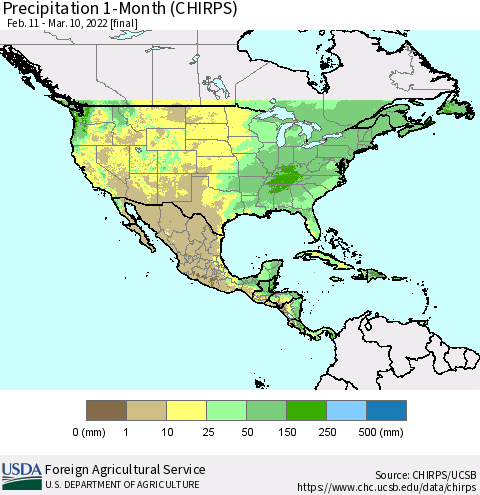 North America Precipitation 1-Month (CHIRPS) Thematic Map For 2/11/2022 - 3/10/2022