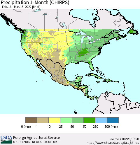 North America Precipitation 1-Month (CHIRPS) Thematic Map For 2/16/2022 - 3/15/2022