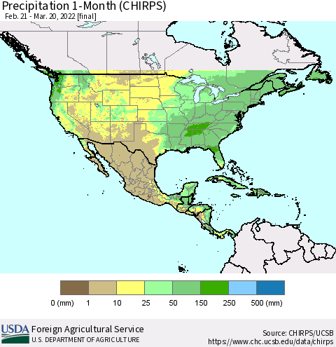 North America Precipitation 1-Month (CHIRPS) Thematic Map For 2/21/2022 - 3/20/2022