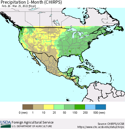 North America Precipitation 1-Month (CHIRPS) Thematic Map For 2/26/2022 - 3/25/2022