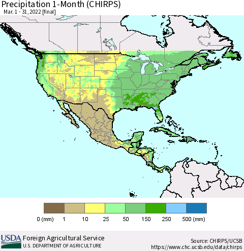 North America Precipitation 1-Month (CHIRPS) Thematic Map For 3/1/2022 - 3/31/2022