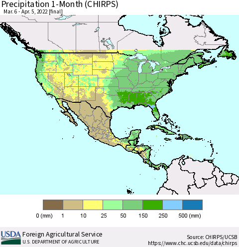 North America Precipitation 1-Month (CHIRPS) Thematic Map For 3/6/2022 - 4/5/2022