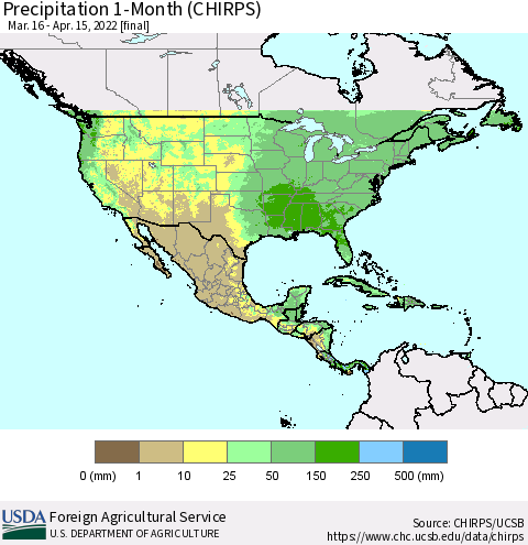 North America Precipitation 1-Month (CHIRPS) Thematic Map For 3/16/2022 - 4/15/2022