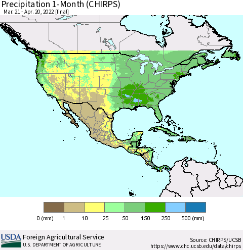 North America Precipitation 1-Month (CHIRPS) Thematic Map For 3/21/2022 - 4/20/2022