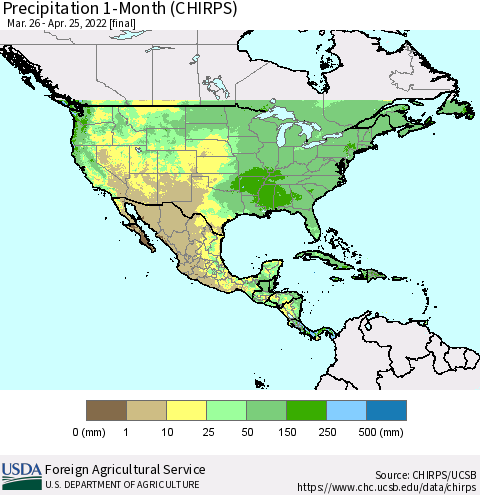 North America Precipitation 1-Month (CHIRPS) Thematic Map For 3/26/2022 - 4/25/2022