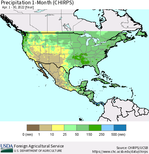 North America Precipitation 1-Month (CHIRPS) Thematic Map For 4/1/2022 - 4/30/2022