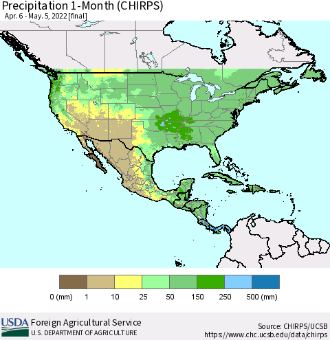 North America Precipitation 1-Month (CHIRPS) Thematic Map For 4/6/2022 - 5/5/2022