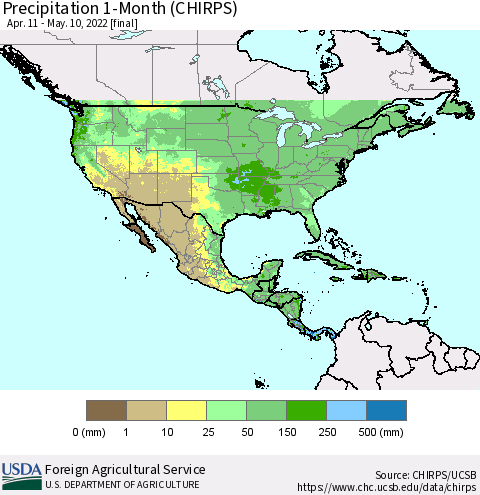 North America Precipitation 1-Month (CHIRPS) Thematic Map For 4/11/2022 - 5/10/2022