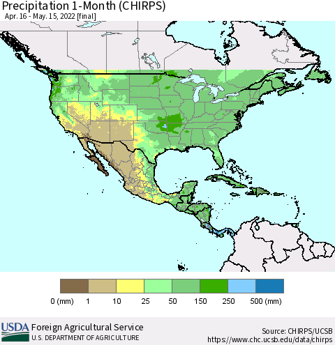 North America Precipitation 1-Month (CHIRPS) Thematic Map For 4/16/2022 - 5/15/2022