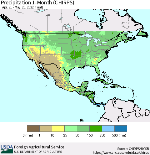 North America Precipitation 1-Month (CHIRPS) Thematic Map For 4/21/2022 - 5/20/2022