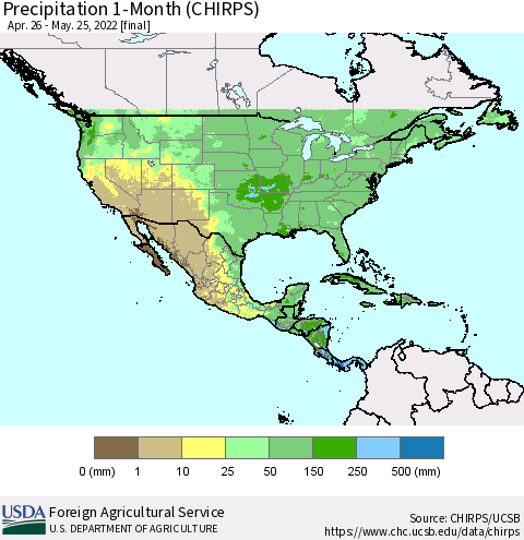 North America Precipitation 1-Month (CHIRPS) Thematic Map For 4/26/2022 - 5/25/2022