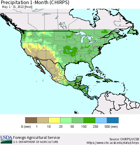 North America Precipitation 1-Month (CHIRPS) Thematic Map For 5/1/2022 - 5/31/2022