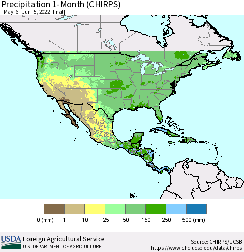 North America Precipitation 1-Month (CHIRPS) Thematic Map For 5/6/2022 - 6/5/2022
