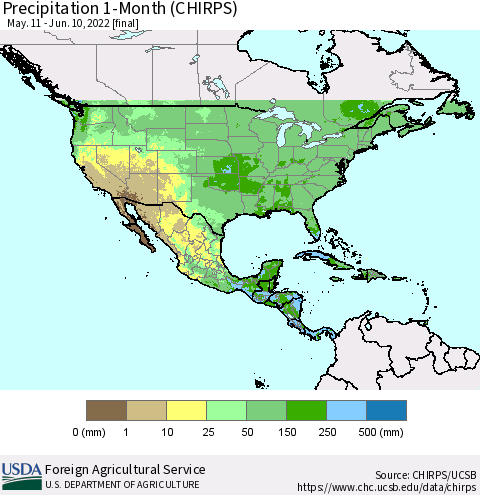 North America Precipitation 1-Month (CHIRPS) Thematic Map For 5/11/2022 - 6/10/2022