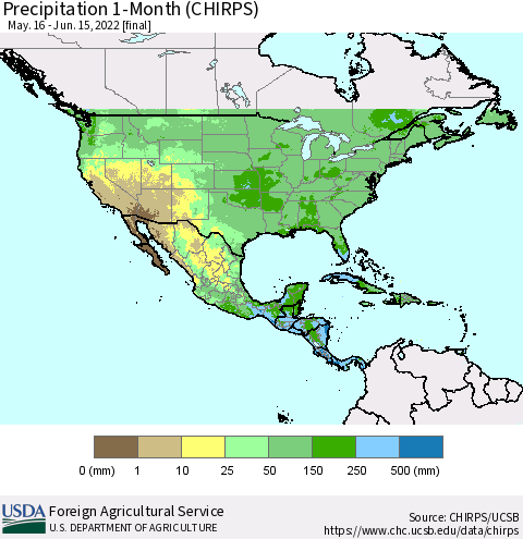 North America Precipitation 1-Month (CHIRPS) Thematic Map For 5/16/2022 - 6/15/2022