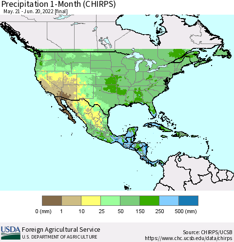 North America Precipitation 1-Month (CHIRPS) Thematic Map For 5/21/2022 - 6/20/2022