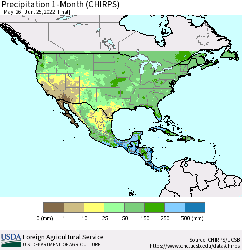 North America Precipitation 1-Month (CHIRPS) Thematic Map For 5/26/2022 - 6/25/2022