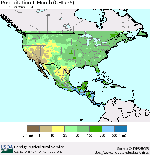 North America Precipitation 1-Month (CHIRPS) Thematic Map For 6/1/2022 - 6/30/2022