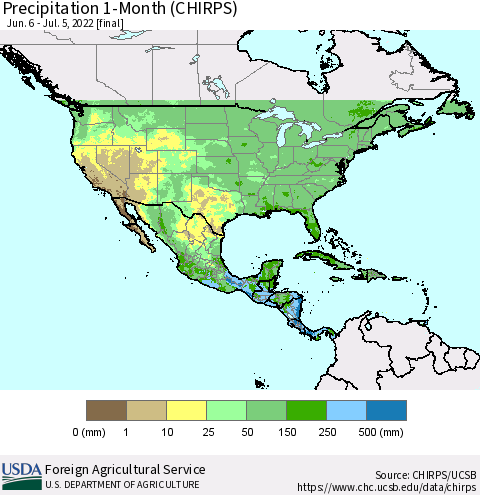 North America Precipitation 1-Month (CHIRPS) Thematic Map For 6/6/2022 - 7/5/2022