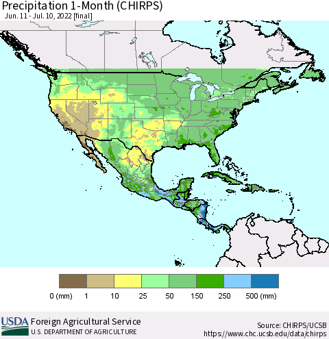 North America Precipitation 1-Month (CHIRPS) Thematic Map For 6/11/2022 - 7/10/2022