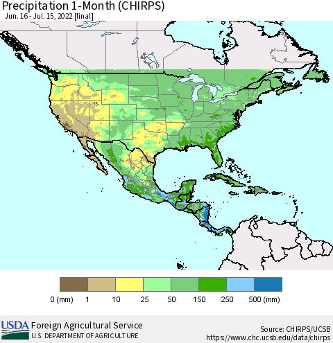 North America Precipitation 1-Month (CHIRPS) Thematic Map For 6/16/2022 - 7/15/2022
