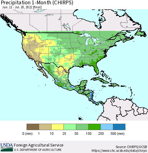 North America Precipitation 1-Month (CHIRPS) Thematic Map For 6/21/2022 - 7/20/2022