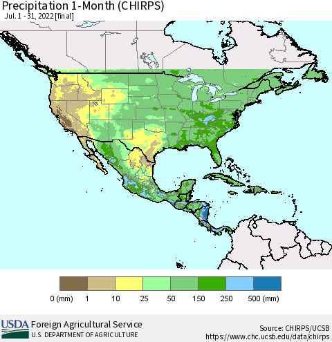 North America Precipitation 1-Month (CHIRPS) Thematic Map For 7/1/2022 - 7/31/2022