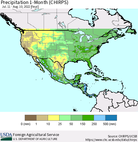 North America Precipitation 1-Month (CHIRPS) Thematic Map For 7/11/2022 - 8/10/2022