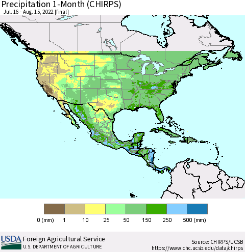 North America Precipitation 1-Month (CHIRPS) Thematic Map For 7/16/2022 - 8/15/2022
