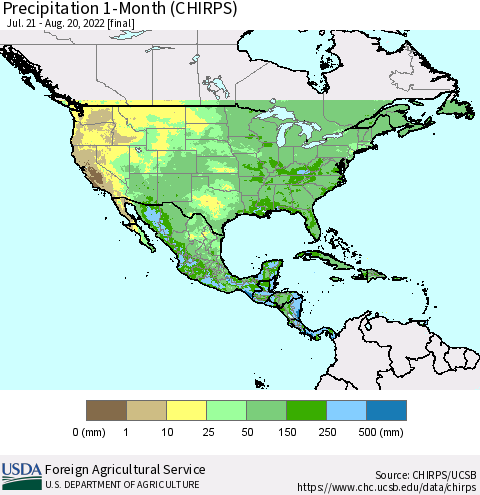 North America Precipitation 1-Month (CHIRPS) Thematic Map For 7/21/2022 - 8/20/2022