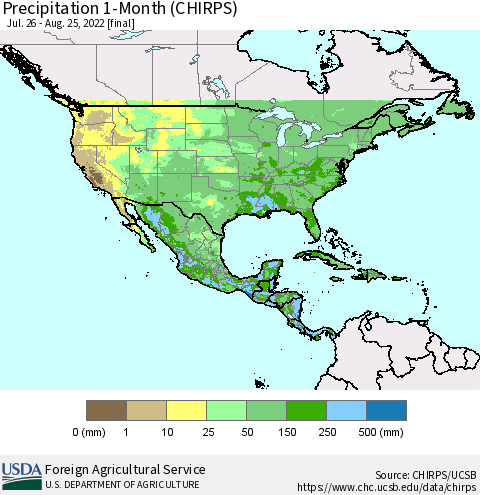 North America Precipitation 1-Month (CHIRPS) Thematic Map For 7/26/2022 - 8/25/2022
